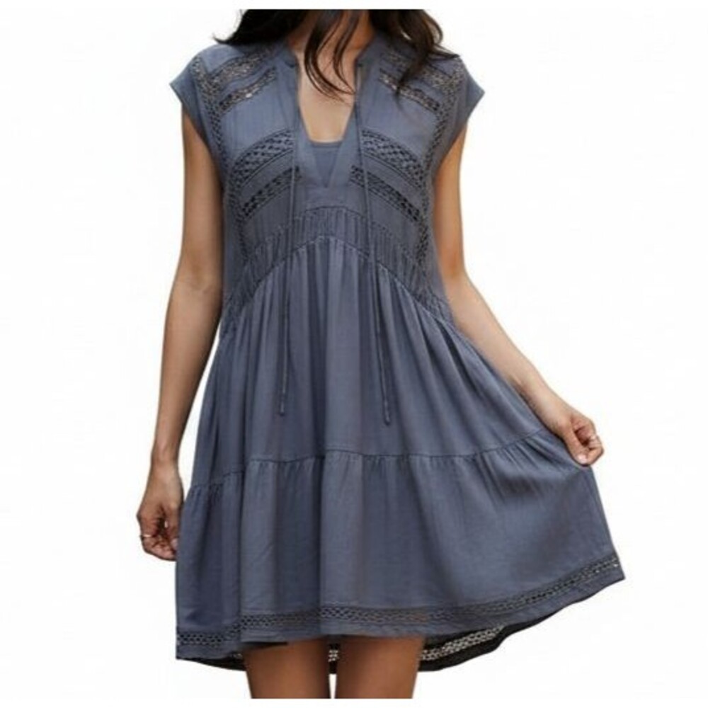 Lucky Brand Slate Blue Crochet-Trim Mini Dress